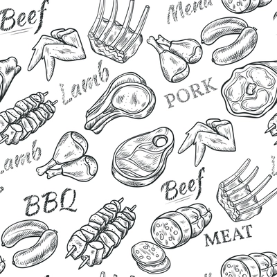 Meat black white sketch seamless pattern with beef and pork vector illustration