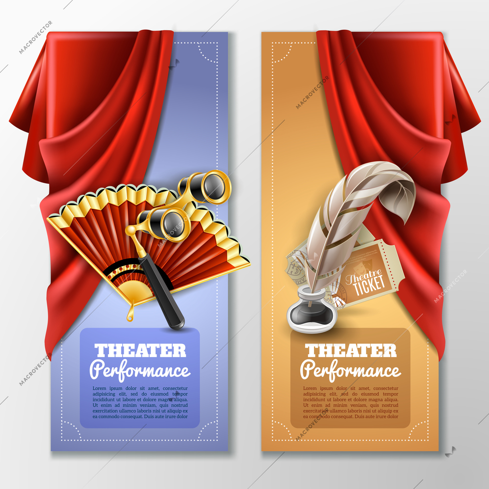 Theatre and stage vertical banners set with fan and opera glass realistic isolated vector illustration
