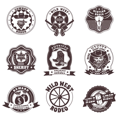 Wild West black white labels set with rodeo and sheriff symbols flat isolated vector illustration