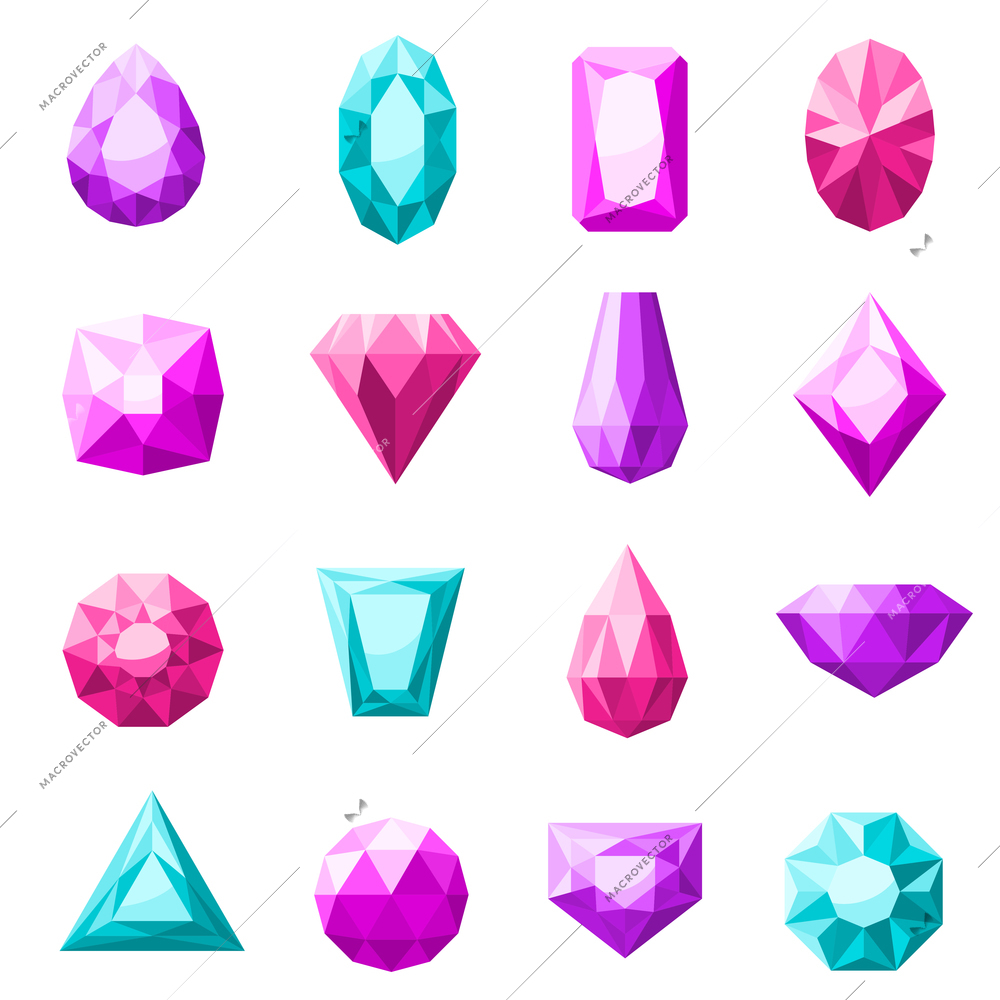 Jewels icons set in different colors and shape flat isolated vector illustration