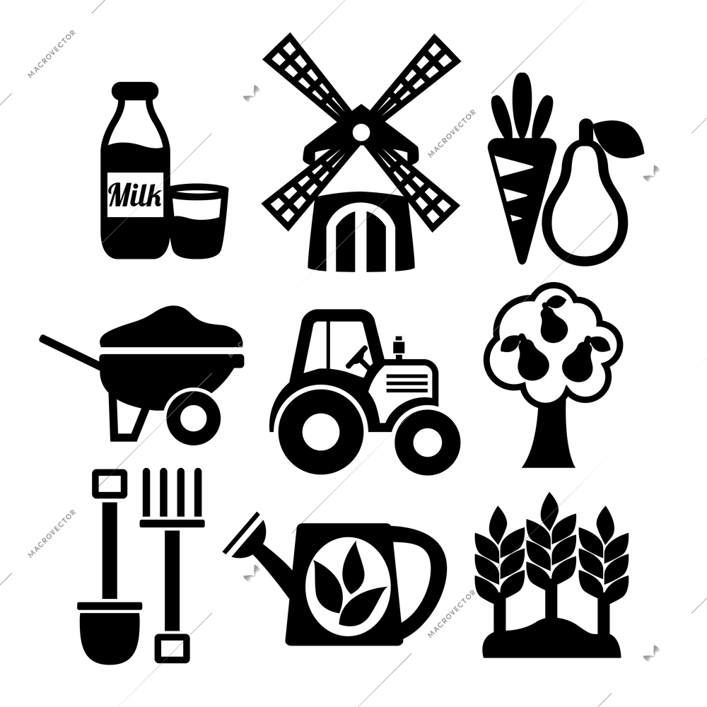 Farming harvesting and agriculture icons set of mill tractor wheelbarrow and spade isolated vector illustration