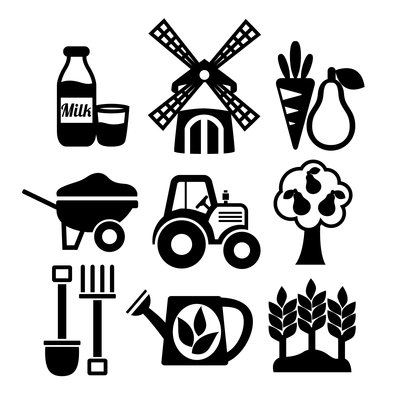 Farming harvesting and agriculture icons set of mill tractor wheelbarrow and spade isolated vector illustration