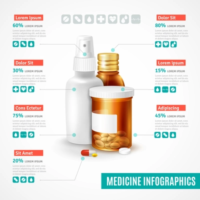 Medicine realistic infographic set with medical bottles and pills vector illustration