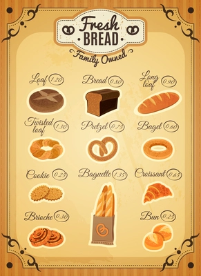 Vintage style traditional bakery shop bread assortment price list poster with twisted loaf flat abstract vector illustration