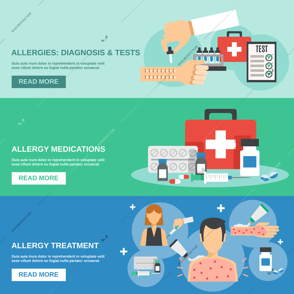 Allergy horizontal banner set with diagnosis and tests elements isolated vector illustration