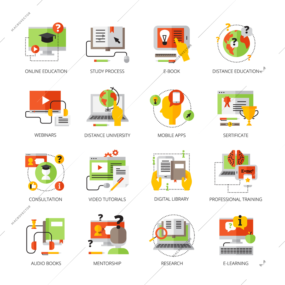 Online education flat color pictograms set on theme  audio books  mobile apps mentorship professional training and webinars isolated vector illustration