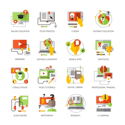 Online education flat color pictograms set on theme  audio books  mobile apps mentorship professional training and webinars isolated vector illustration