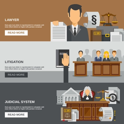Law horizontal banner set with lawyer flat elements isolated vector illustration