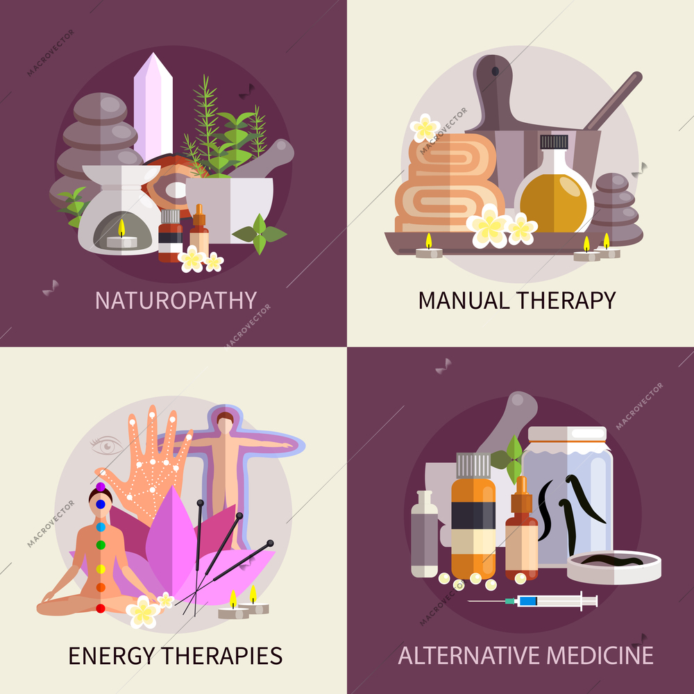 alternative medicine design concept set with elements of naturopathy manual and energy therapies vector illustration