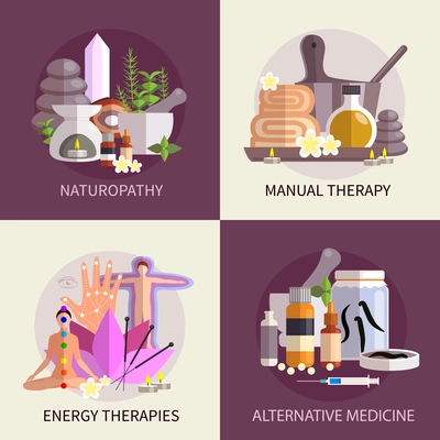 alternative medicine design concept set with elements of naturopathy manual and energy therapies vector illustration