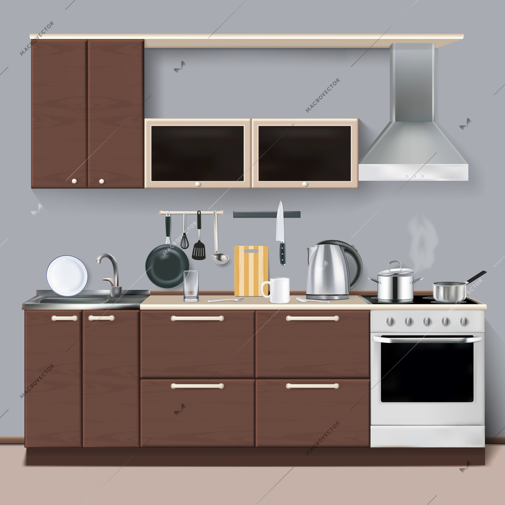 Realistic kitchen interior with cupboards cooker hood and sink vector illustration