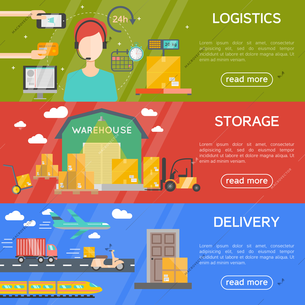 Logistics horizontal banners set with storage and delivery symbols flat isolated vector illustration