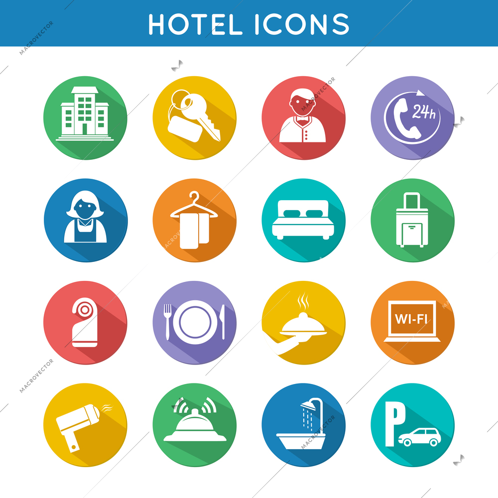 Hotel travel accommodation color icons set of restaurant food towel and bed isolated vector illustration