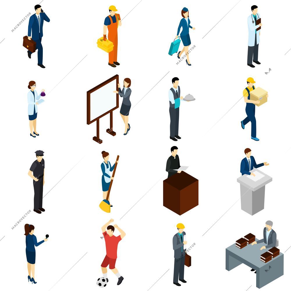 Professional people at work isometric icons set with teacher lawyer businessmen air hostess and waiter abstract isolated vector illustration