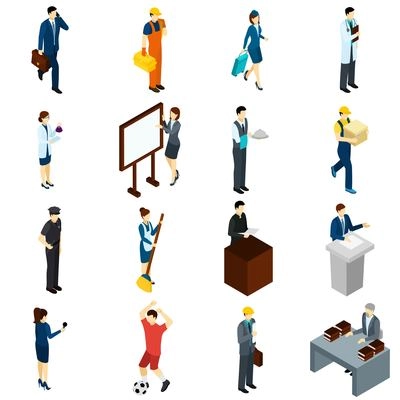 Professional people at work isometric icons set with teacher lawyer businessmen air hostess and waiter abstract isolated vector illustration