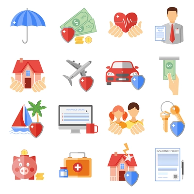 Insurance icons set with house transport and life safety symbols flat isolated vector illustration