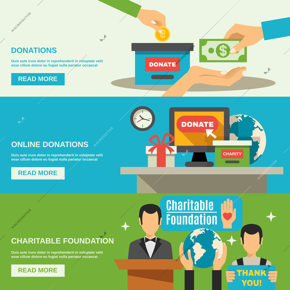 Charity horizontal banners set with charitable foundation symbols flat isolated vector illustration