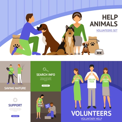 Volunteers concept set with animals and homeless help flat icons vector illustration