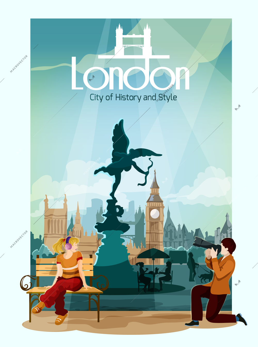 London poster with people and famous touristic landmarks on background vector illustration