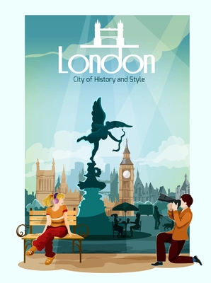 London poster with people and famous touristic landmarks on background vector illustration