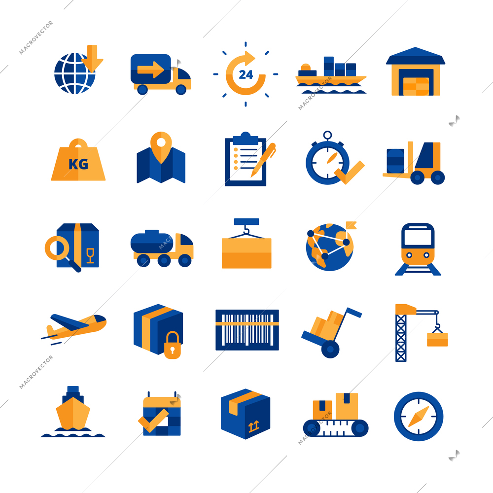 Logistics and delivery concept blue yellow icons set with time and transport symbols flat isolated vector illustration