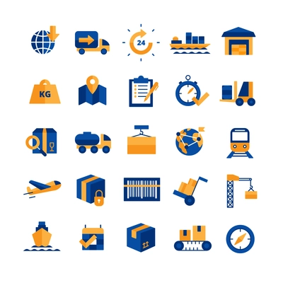 Logistics and delivery concept blue yellow icons set with time and transport symbols flat isolated vector illustration