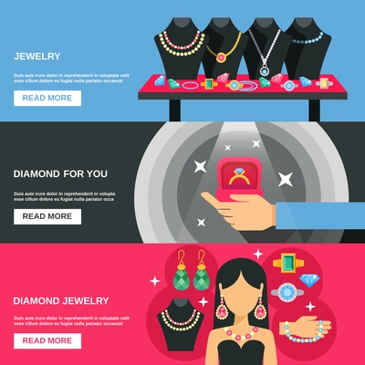 Jewelry horizontal banners set with diamond earrings and bracelets  flat isolated vector illustration