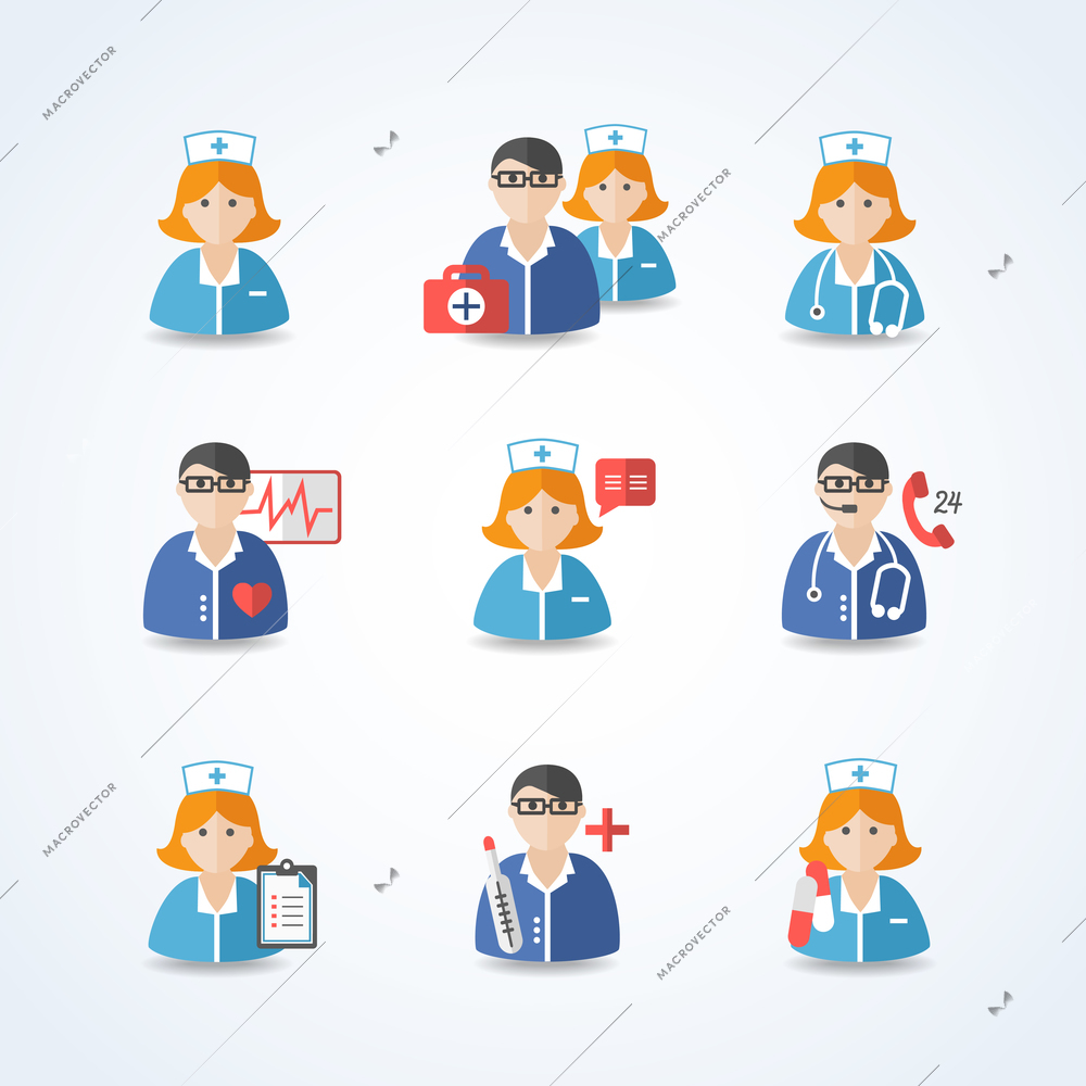 Medicine doctors and nurses icons set for emergency healthcare and hospital isolated vector illustration