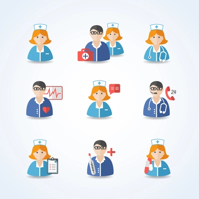 Medicine doctors and nurses icons set for emergency healthcare and hospital isolated vector illustration