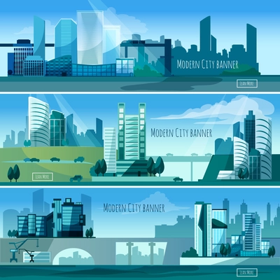 Modern cityscapes horizontal banners set with skyscrapers isolated vector illustration