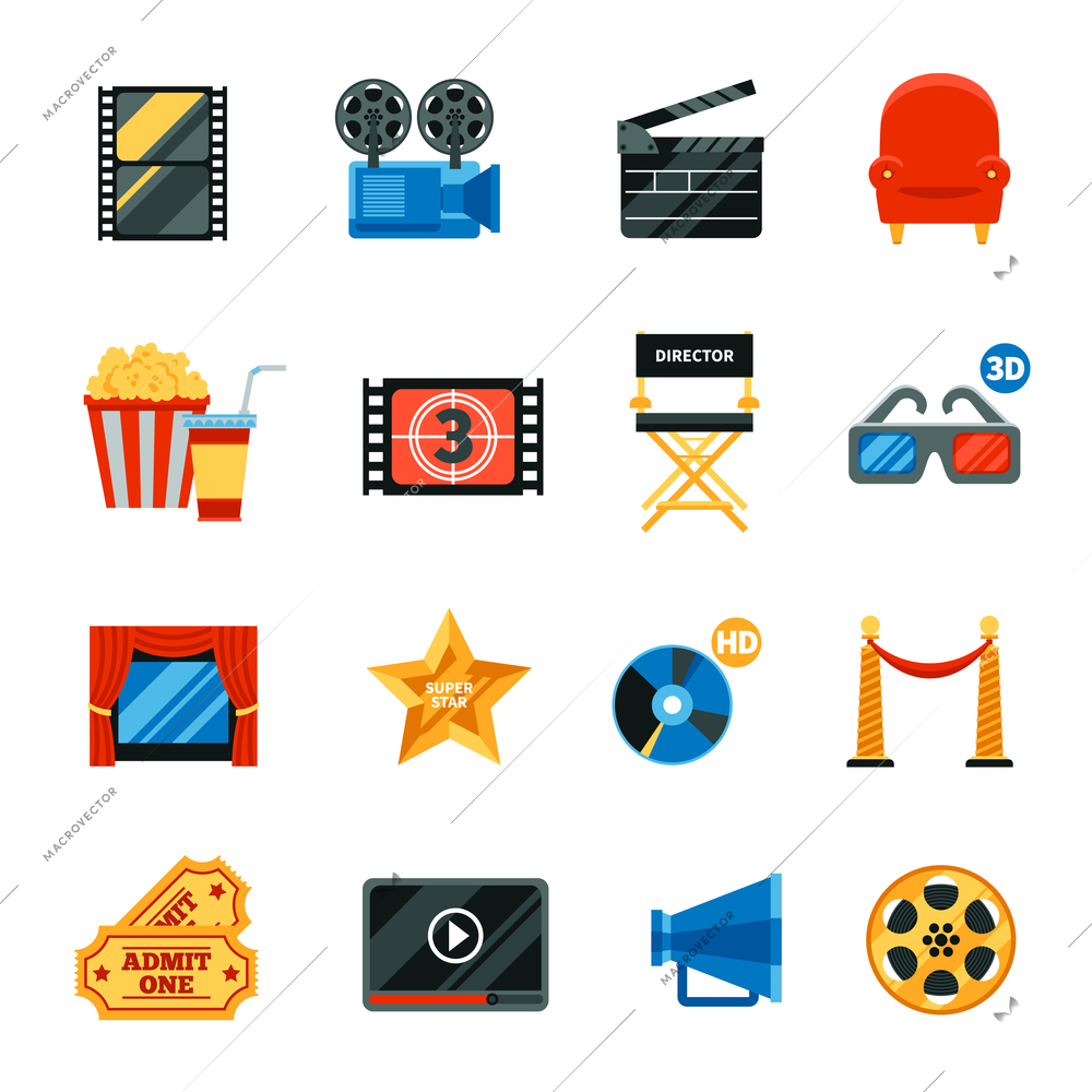 Decorative flat cinema  icons set with film festival symbols and collection of director chair 3d glasses popkorn cd disk free tickets isolated vector illustration