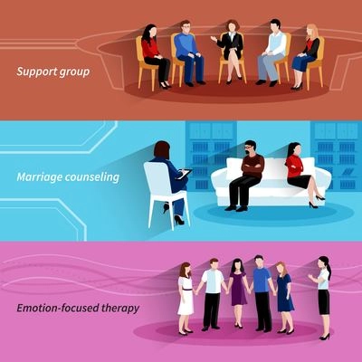 Marriages and relationship counseling with support group therapy 3 flat horizontal banners set abstract isolated vector illustration