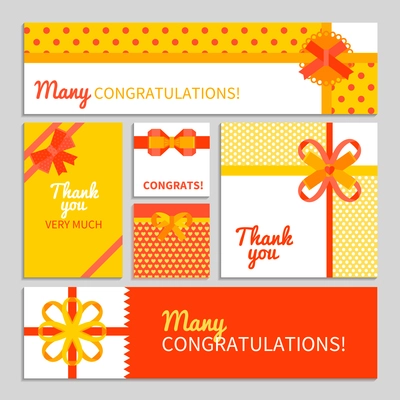 Flat collection of congratulation card  templates with trendy geometric patterns bows and ribbon isolated vector illustration