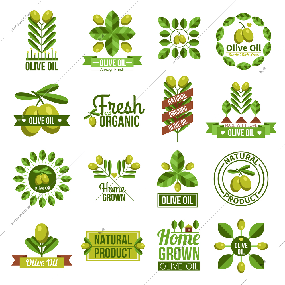 Flat label set of natural olive oil advertising with olive tree branches and olives  isolated vector illustration
