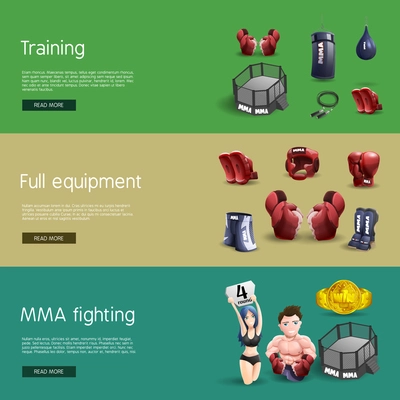 Mma fighting training full equipment and accessories interactive website 3d horizontal banners set abstract isolated vector illustration