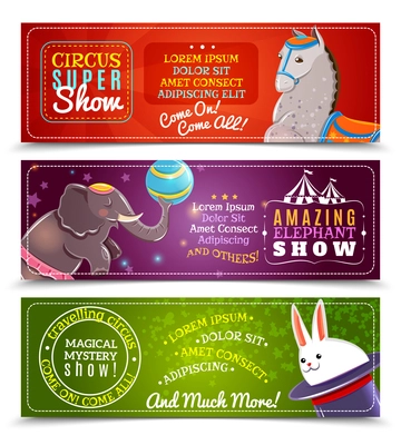 Travelling chapiteau circus magical show flat horizontal banners set with performing sea lions abstract isolated vector illustration