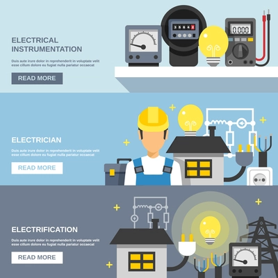 Electricity horizontal banners set with electrical instrumentation symbols flat isolated vector illustration