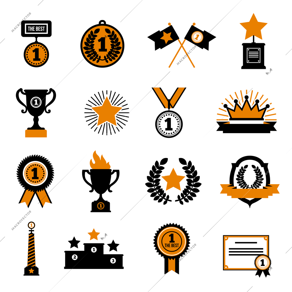 Stars and awards flat decorative icons set with cup crown medals and sport  rewards in black and gold colors isolated vector illustration