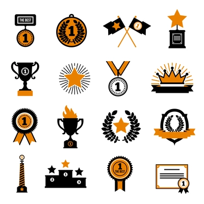 Stars and awards flat decorative icons set with cup crown medals and sport  rewards in black and gold colors isolated vector illustration