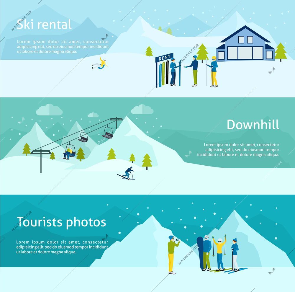 Ski resort horizontal banner set with people with sport equipment isolated vector illustration