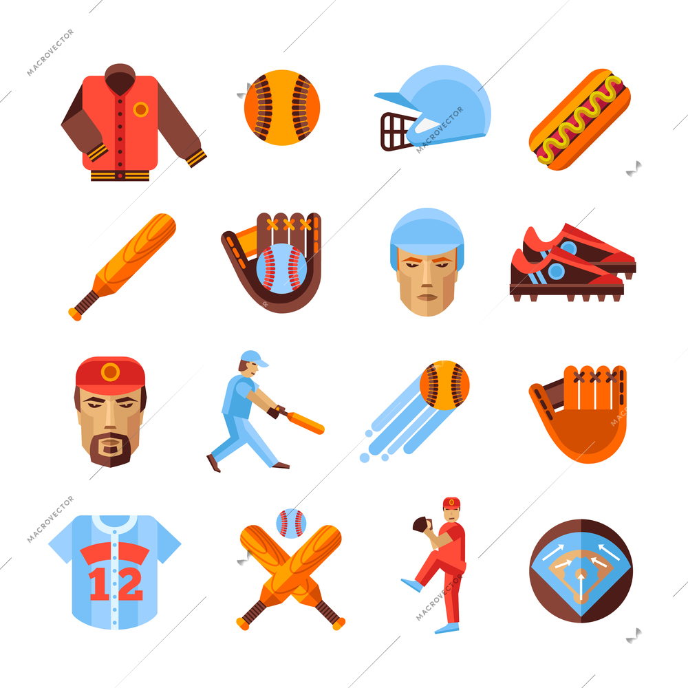 Baseball icons set with equipment and game symbols flat isolated vector illustration