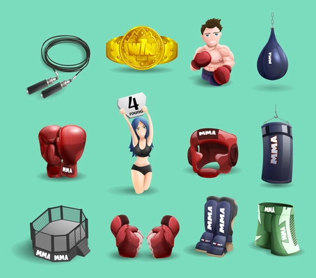 Mixed martial arts mma fighter ring cage equipment and accessories 3d pictograms set abstract isolated vector illustration