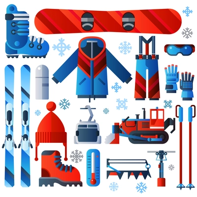 Flat color isolated skiing icons set of complete ski and snowboard outfit and ski resort equipment on white background with snowflakes vector illustration