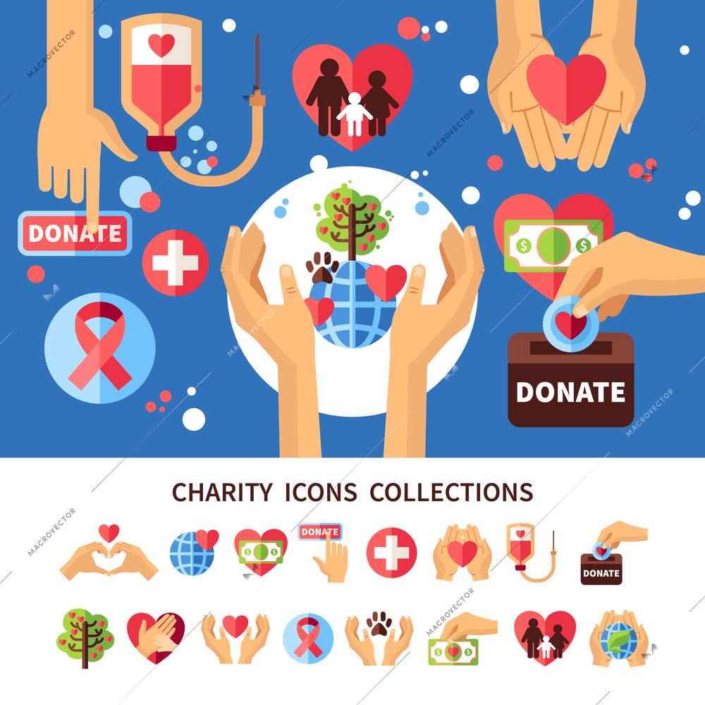 Charity infographic set with donations care and love symbols flat vector illustration