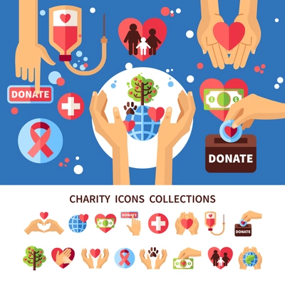 Charity infographic set with donations care and love symbols flat vector illustration