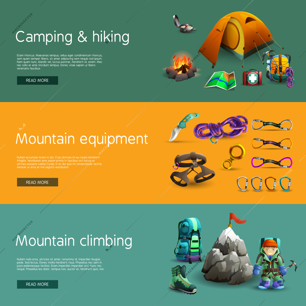 Alpine mountain climbing camping and hiking equipment interactive website 3d horizontal  banners set abstract isolated vector illustration