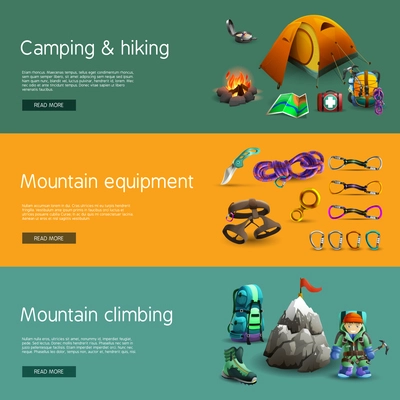Alpine mountain climbing camping and hiking equipment interactive website 3d horizontal  banners set abstract isolated vector illustration