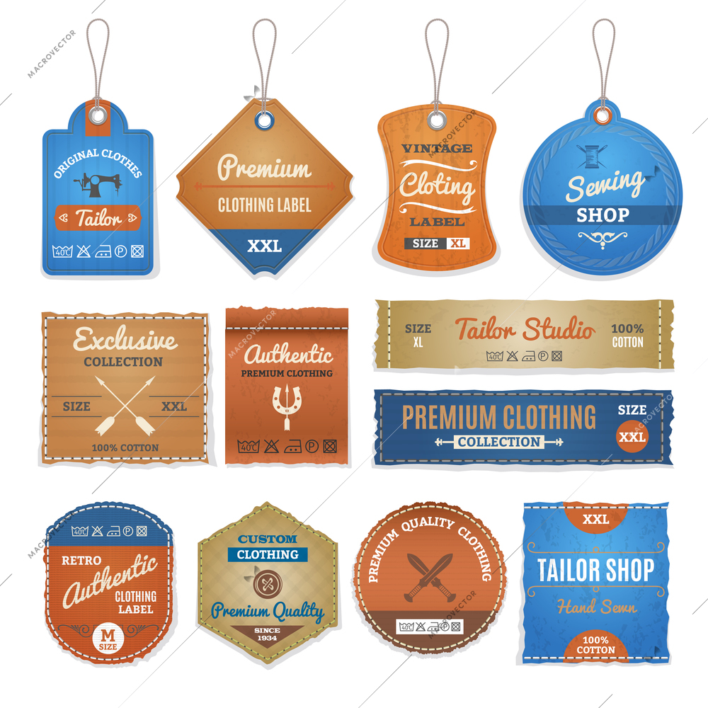 Exclusive clothing labels set with authentic and vintage clothes realistic isolated vector illustration