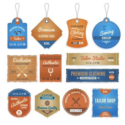 Exclusive clothing labels set with authentic and vintage clothes realistic isolated vector illustration