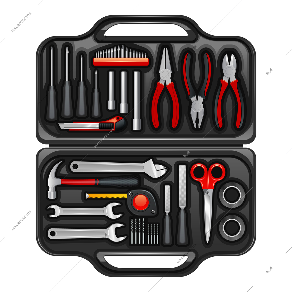 Black plastic toolkit box for keeping storage and carrying instruments and tools for repair service realistic vector illustration